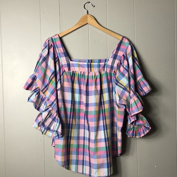 TERRA & SKY COLORFUL PASTEL PLAID PEASANT BLOUSE RUFFLED COTTAGECORE WOMENS 1X - Picture 3 of 7